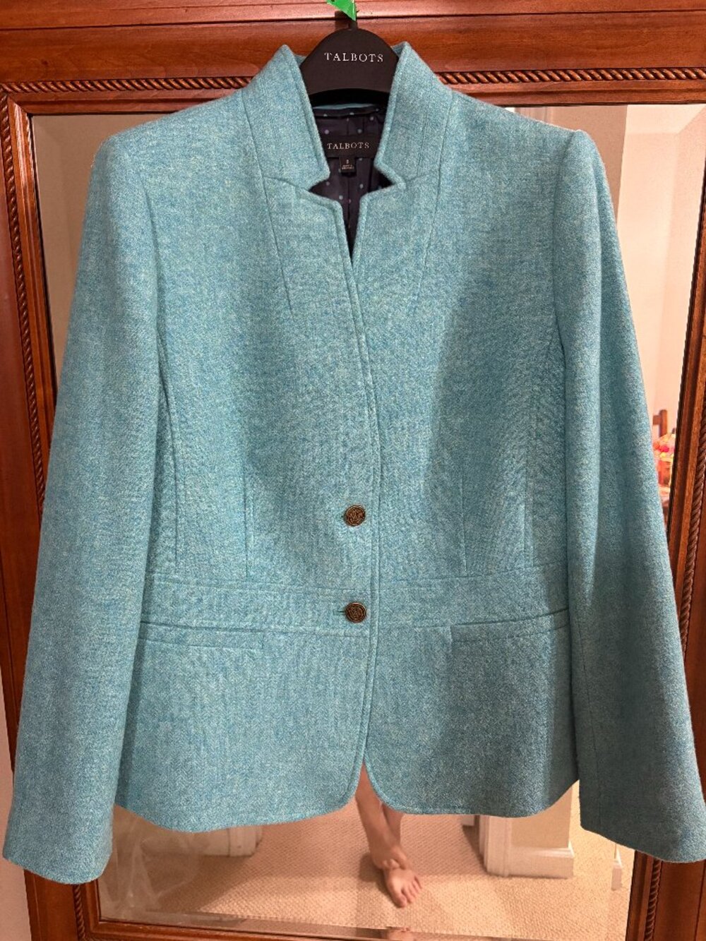 Talbots Turquoise Blue Textured Wool Blend Blazer Jacket Crest Buttons Size 8